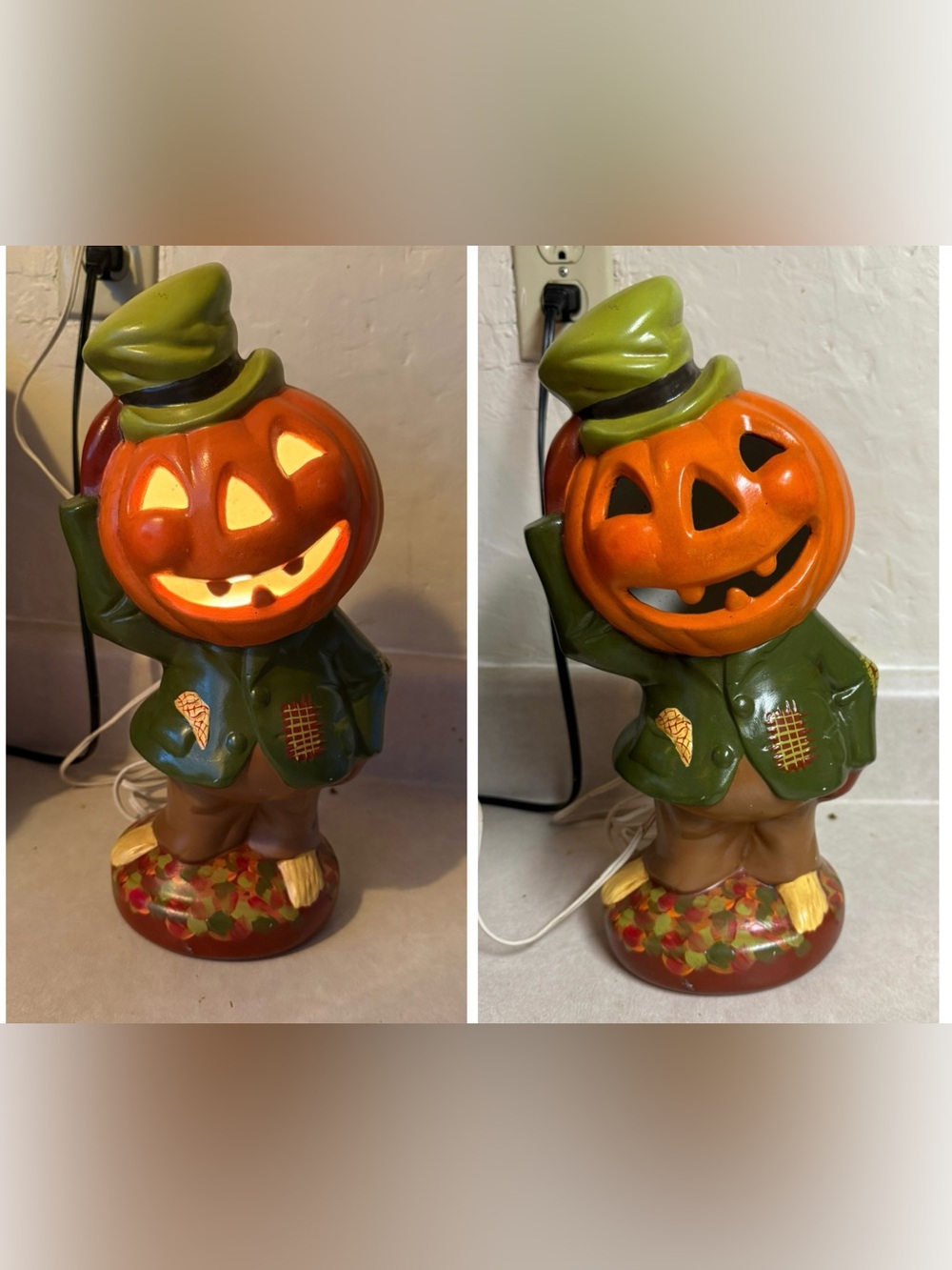 1 Vintage 13” Ceramic Pumpkin Scarecrow Halloween Jack o lantern light up rare
